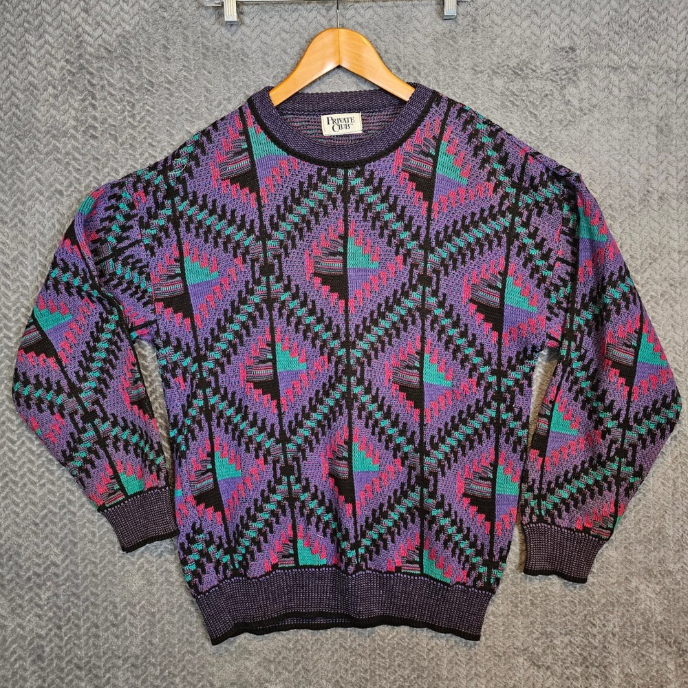 Private Club Vintage Cosby Sweater Men Geometric Knit Purple Pink Teal Retro 90s